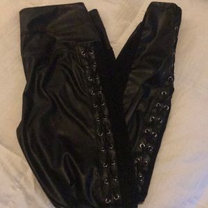 BEBE Black leather tie up leggings